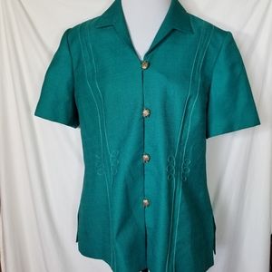 Leslie Fay Green Teal Short Sleeve Jacket Women's 18 Cord Button Up